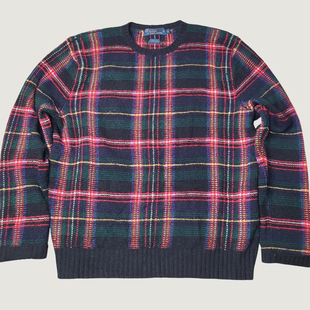Polo Ralph Lauren Mens XL Plaid Tartan 100% Wool Crewneck Sweater Vintage Knit
